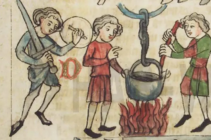 Ordeal of boiling water from a Sachsenspiegel manuscript (1350-1375). Photo courtesy the Herzog August Bibliothek, Wolfenbüttel, Germany