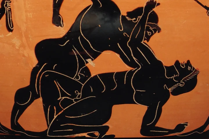 A Pankration (athletic contest) depicted on a terracotta drinking cup. c500 BCE. Courtesy the Met Museum, New York